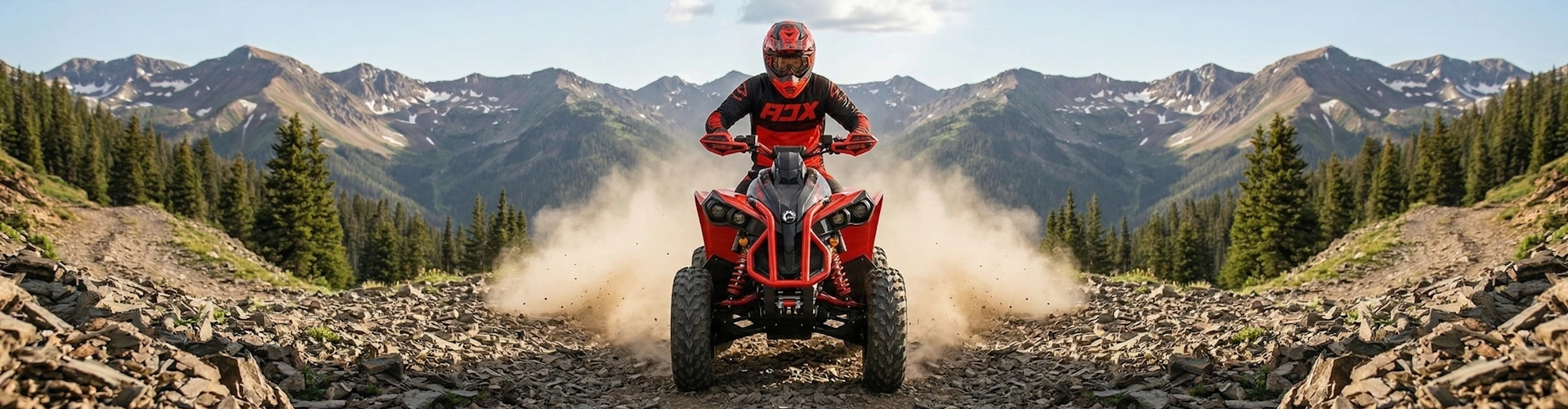 Hero banner showing person riding red ATV kicking up dust on mountain trail