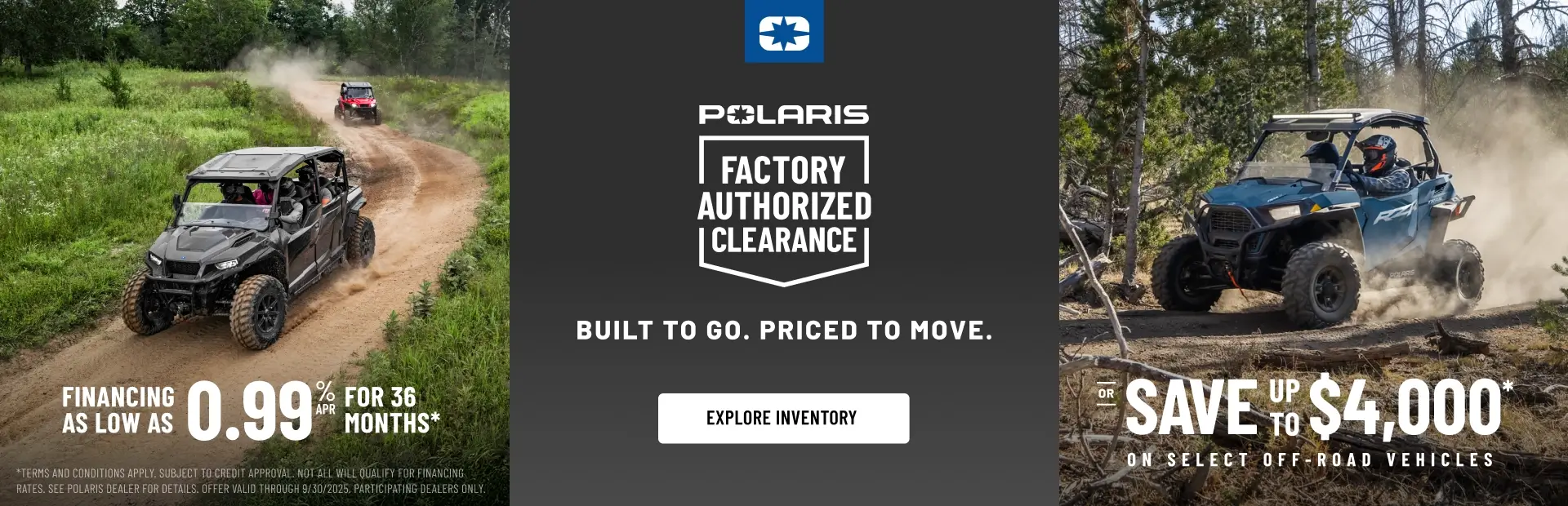 Polaris Factory Authorized Clearance banner featuring off-road side-by-side vehicles with 0.99% APR financing for 36 months and savings of up to $4,000 on select vehicles