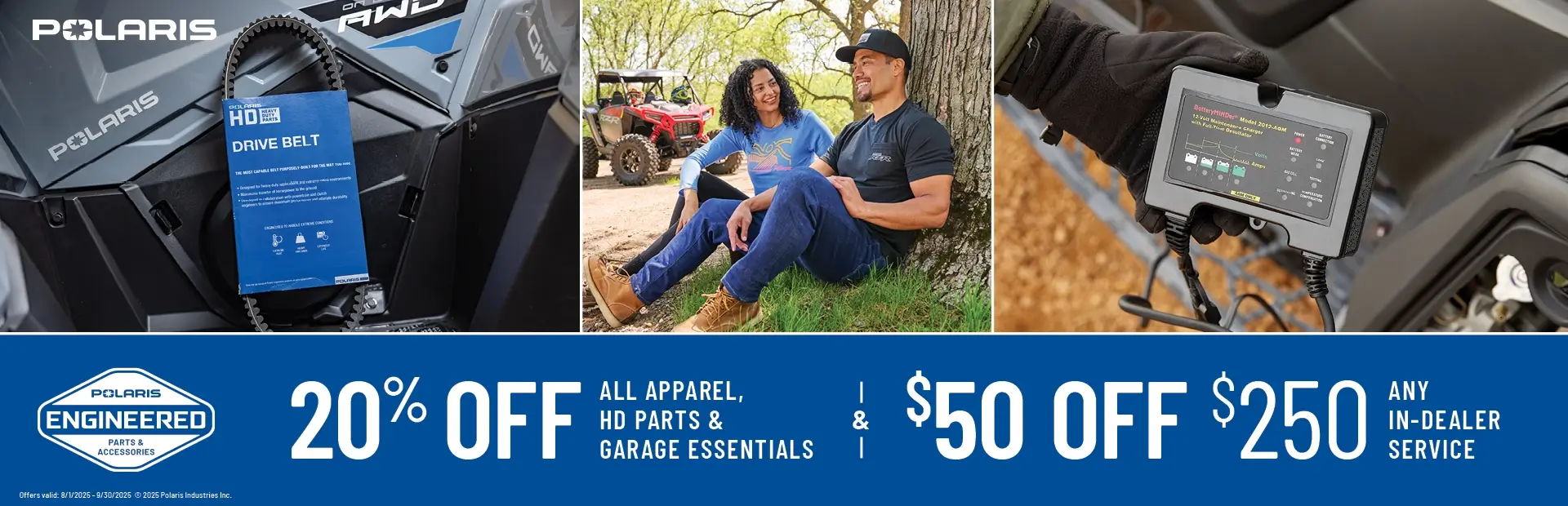 Polaris promotional banner featuring engineered parts and accessories, lifestyle imagery, and offers for 20% off apparel and HD parts plus $50 off $250 in-dealer service purchases
