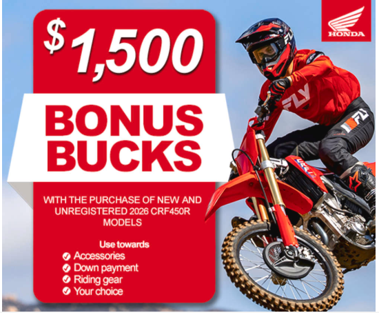 You are currently viewing $1,500 Bonus Bucks on CRF450R models